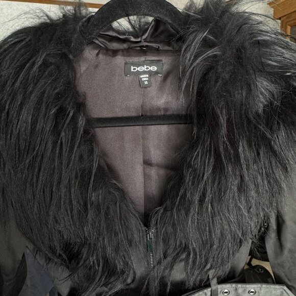 Bebe Black Trench Coat Real Fur Trim Collar Designer Zipper Belt Size XS - Picture 8 of 14
